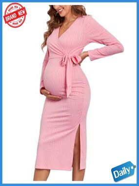 Rib Knit Maternity Nursing Dress Knot Side Long Sleeve V Neck Bodycon Wrap